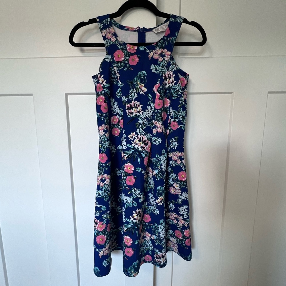 Floral Blue Stretchy Pleated Halter Top A Line Formal Dress